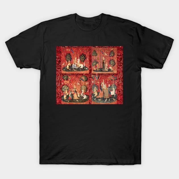 FOUR LADY AND UNICORN STORIES ,Fantasy Flowers,Animals, Red Green Floral Tapestry T-Shirt by BulganLumini